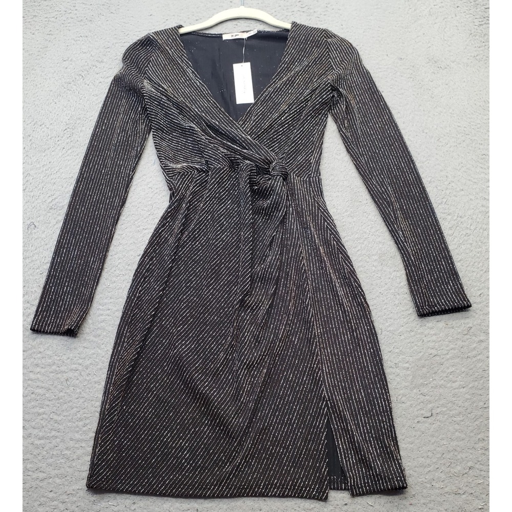 Miami Wrap Dress Womens XXS Multi Pinstripe Metallic Stretch V-Neck‎ Knot Waist